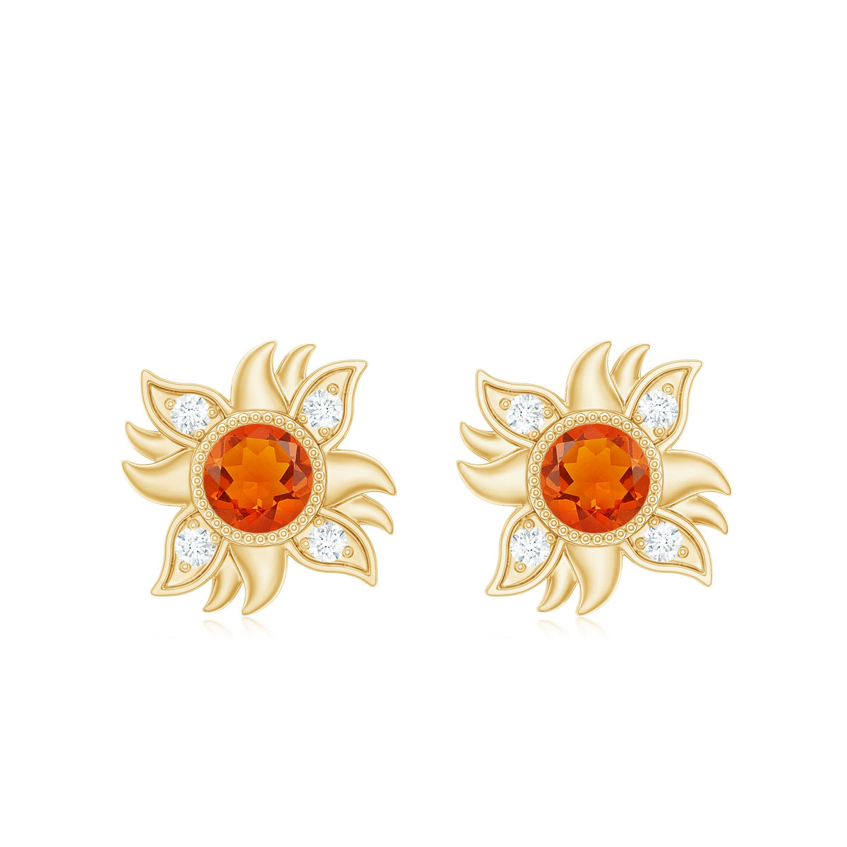 Genuine Fire Opal Sunburst Earrings with Diamond