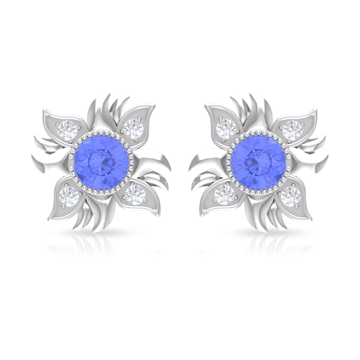 Round Shape Tanzanite and Diamond Sunburst Stud Earrings
