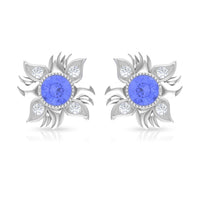 Round Shape Tanzanite and Diamond Sunburst Stud Earrings