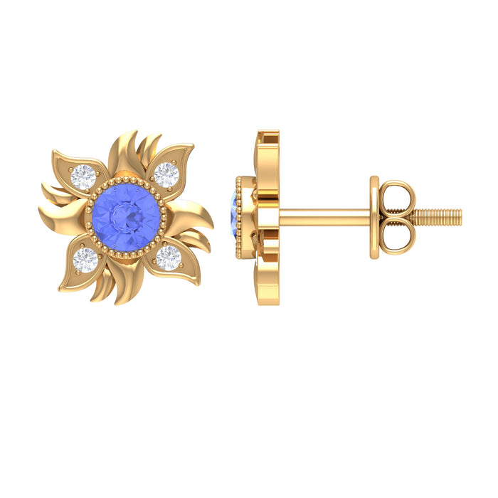 Round shape Tanzanite and diamond sunburst stud earrings by Rosec Jewels featuring vibrant blue gemstones and sparkling accents.
