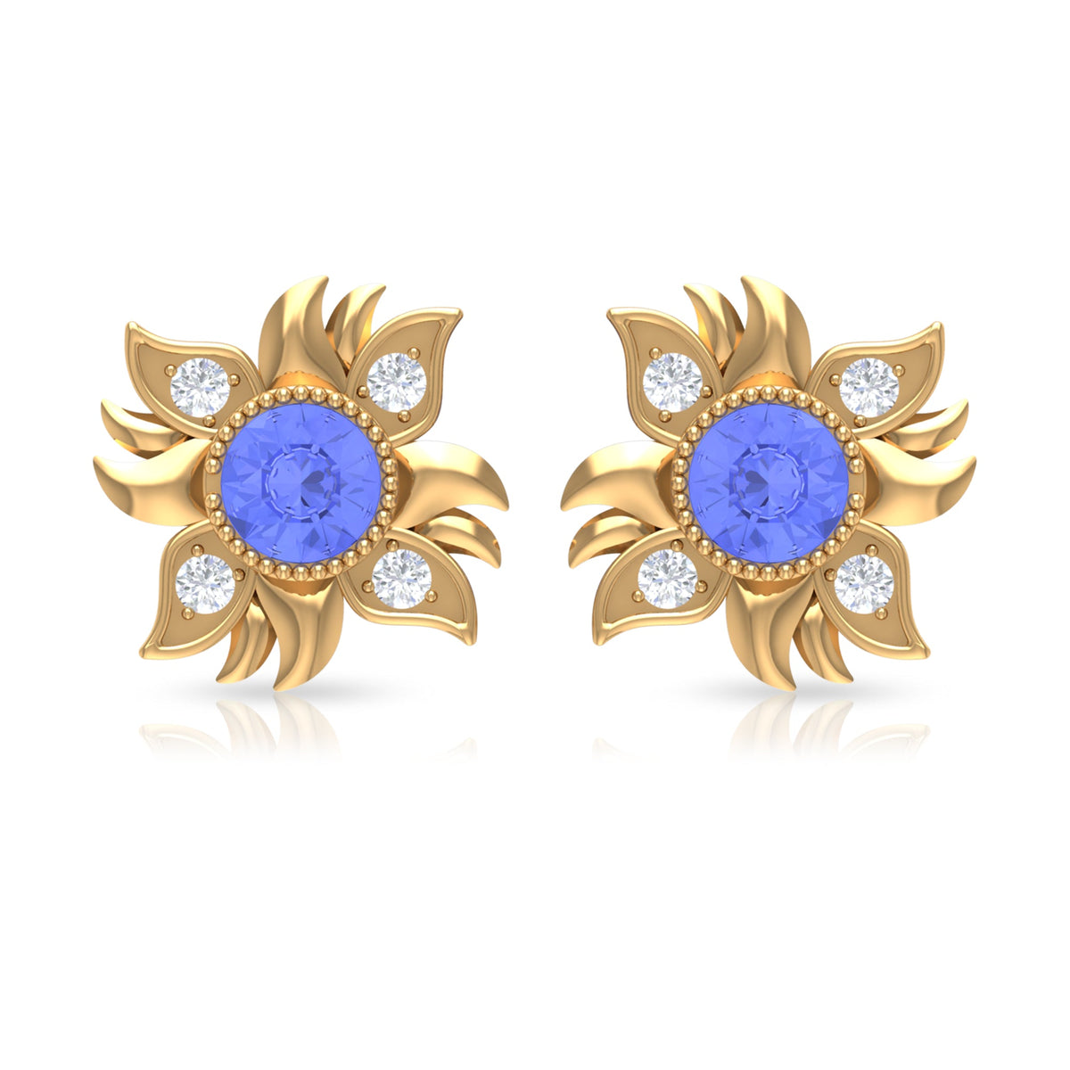 Round Shape Tanzanite and Diamond Sunburst Stud Earrings