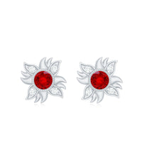 Bezel Set Lab Grown Ruby and Diamond Sunburst Stud Earrings