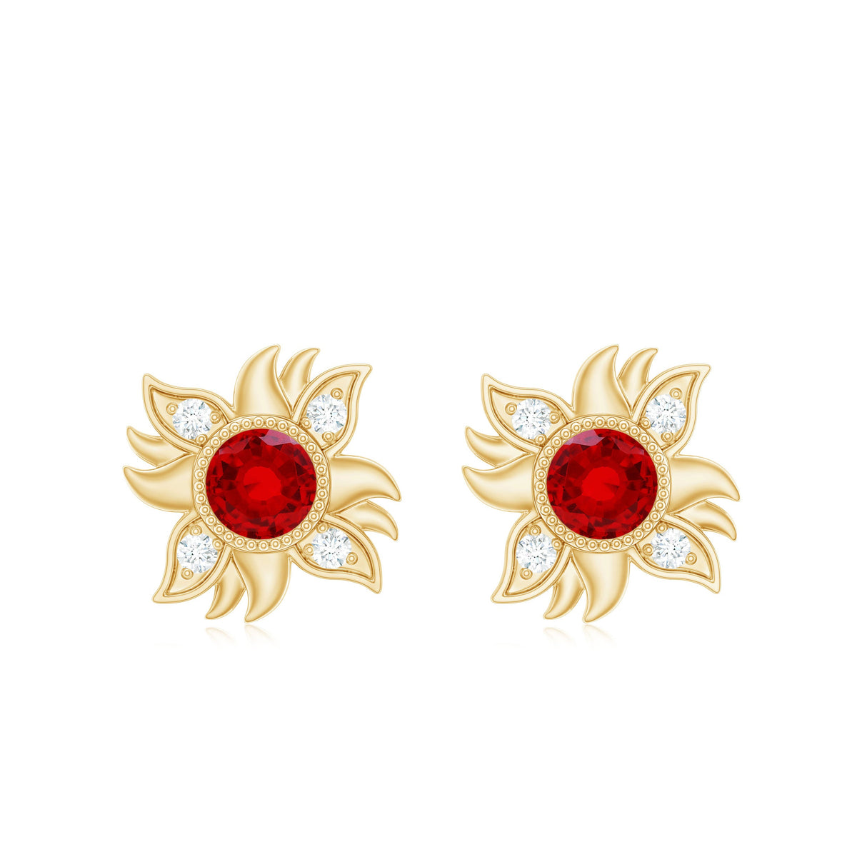 Bezel Set Lab Grown Ruby and Diamond Sunburst Stud Earrings