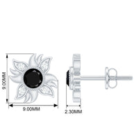 1/2 CT Round Shape Black Onyx and Diamond Sunburst Stud Earrings