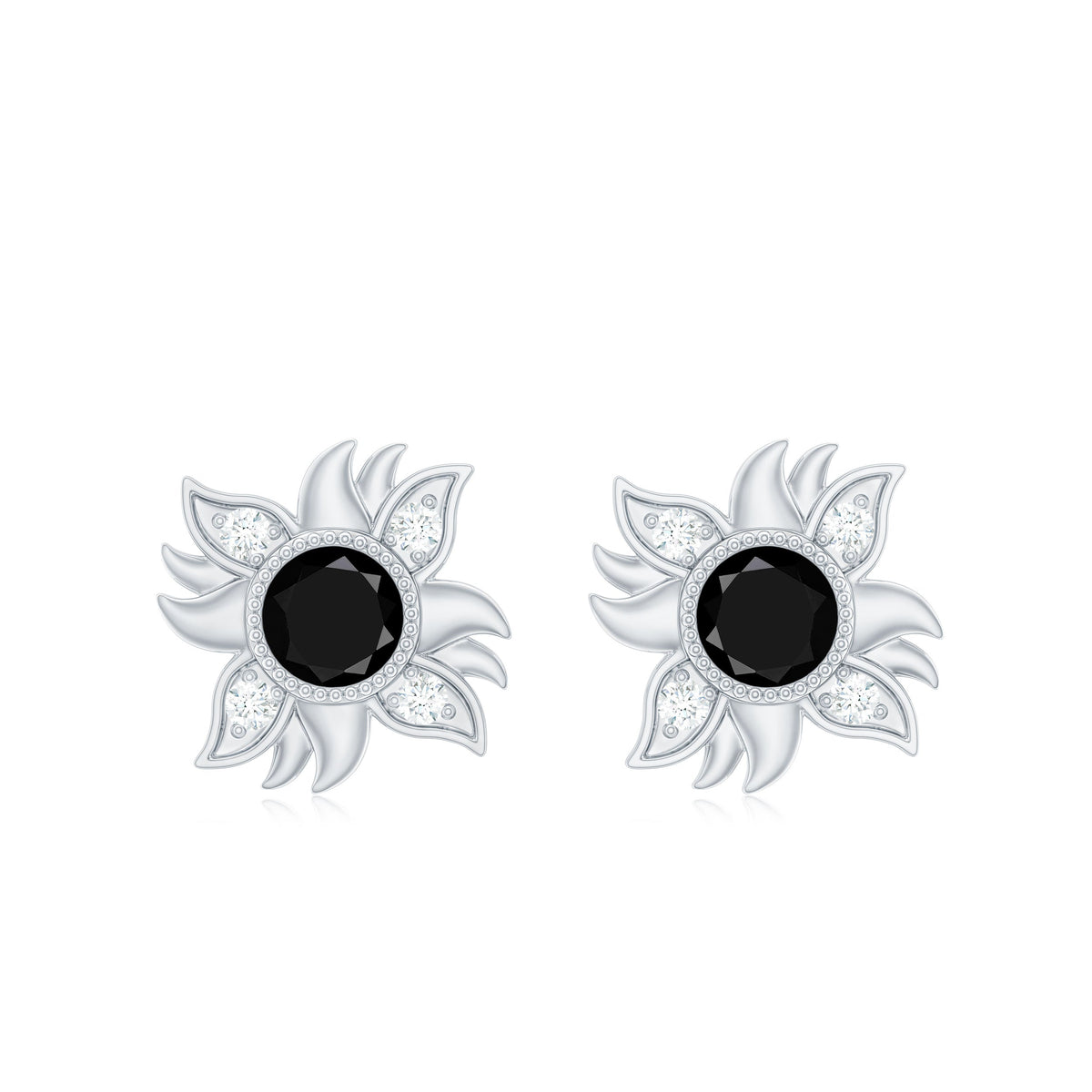 1/2 CT Round Shape Black Onyx and Diamond Sunburst Stud Earrings