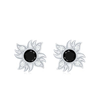 1/2 CT Round Shape Black Onyx and Diamond Sunburst Stud Earrings