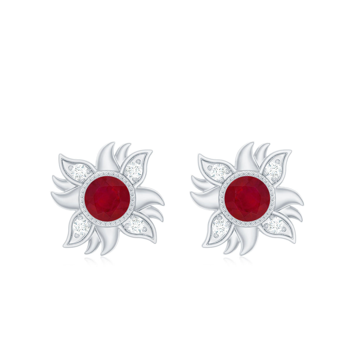 Real Ruby Diamond Sunburst Earrings with Screw Back