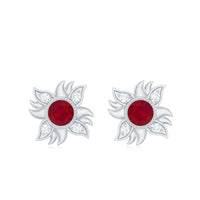 Real Ruby Diamond Sunburst Earrings with Screw Back
