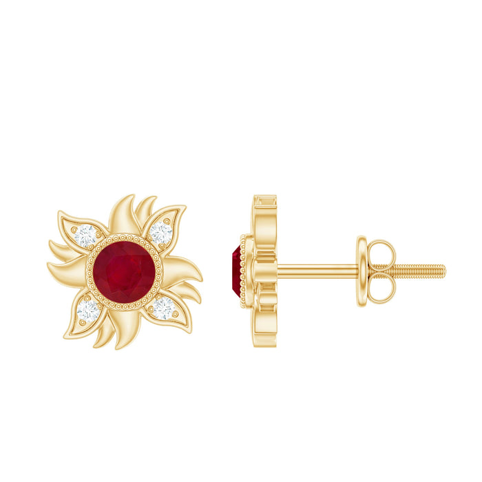 Real ruby and diamond sunburst earrings with screw back by Rosec Jewels, featuring vibrant red rubies and sparkling diamonds.