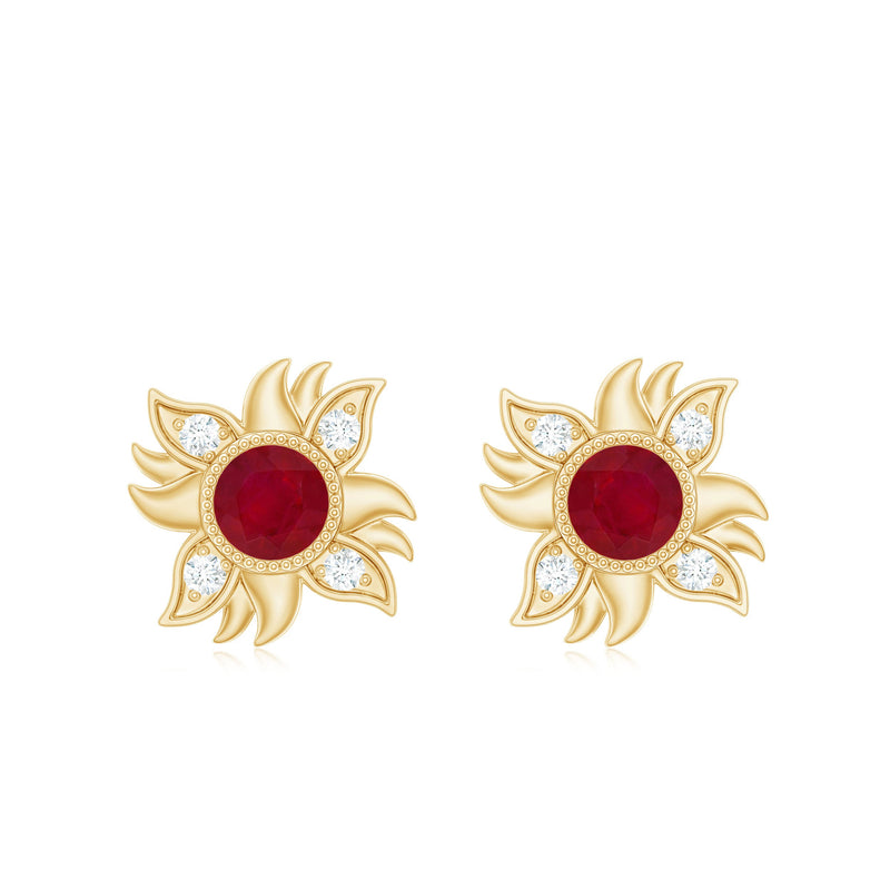 Real ruby and diamond sunburst earrings with screw back from Rosec Jewels, showcasing sparkling gemstones and intricate design.