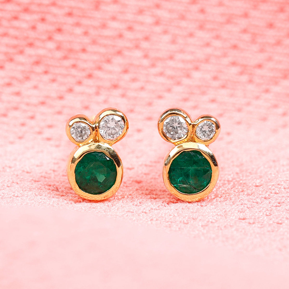 Real Emerald and Diamond Three Stone Stud Earrings