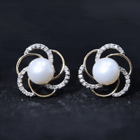 Round freshwater pearl and diamond stud earrings by Rosec Jewels, featuring elegant yellow gold setting.
