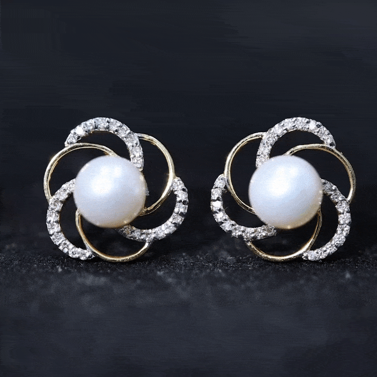 Round freshwater pearl and diamond stud earrings by Rosec Jewels, featuring elegant yellow gold setting.