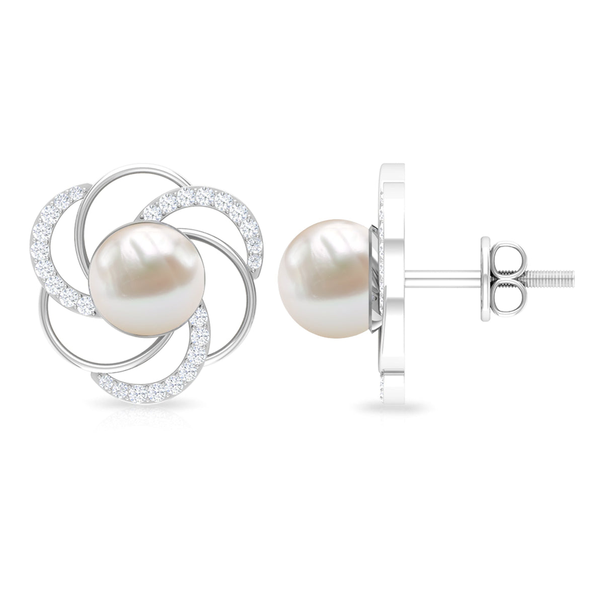 Round freshwater pearl stud earrings with diamond accents from Rosec Jewels, featuring elegant, classic jewelry design.