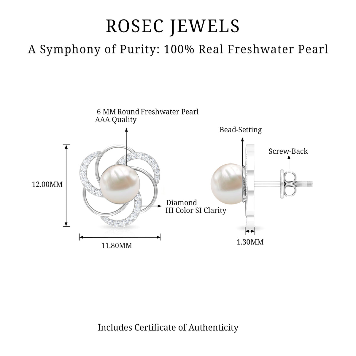 Round freshwater pearl stud earrings with diamond accents by Rosec Jewels, showcasing elegant jewelry design.