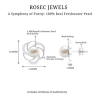 Round freshwater pearl stud earrings with diamond accents by Rosec Jewels, showcasing elegant jewelry design.