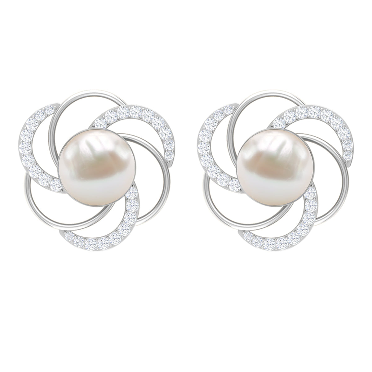 Round freshwater pearl stud earrings with diamond accents from Rosec Jewels, featuring a classic and elegant design.