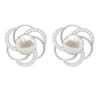 Round freshwater pearl stud earrings with diamond accents from Rosec Jewels, featuring a classic and elegant design.