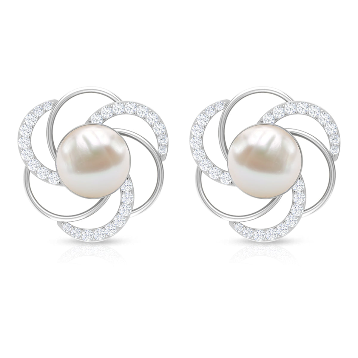 Round freshwater pearl stud earrings with diamond accents by Rosec Jewels, featuring elegant and classic jewelry design.