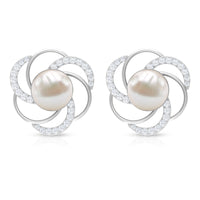 Round freshwater pearl stud earrings with diamond accents by Rosec Jewels, featuring elegant and classic jewelry design.