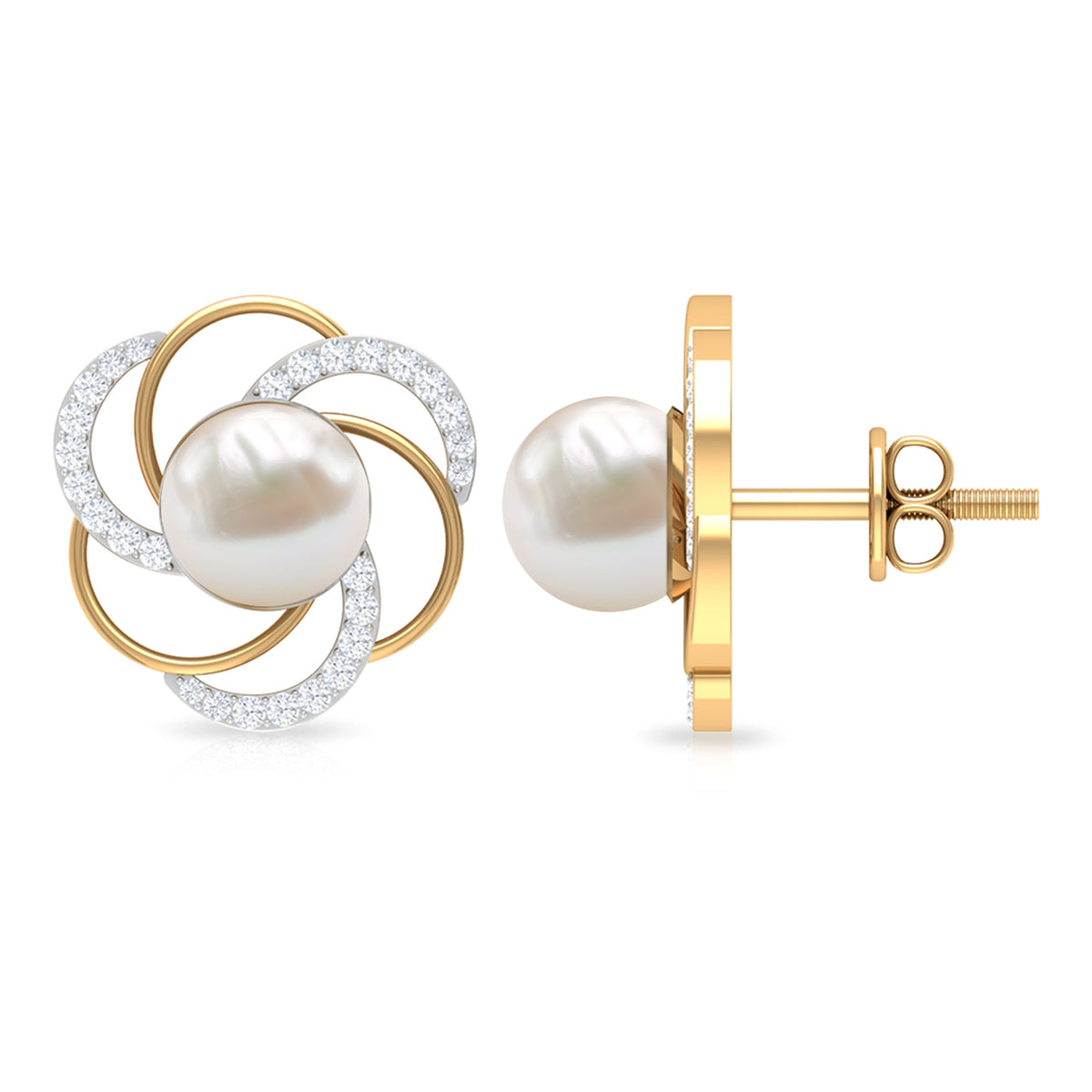 Round freshwater pearl stud earrings with diamond accents by Rosec Jewels, featuring elegant and classic jewelry design.