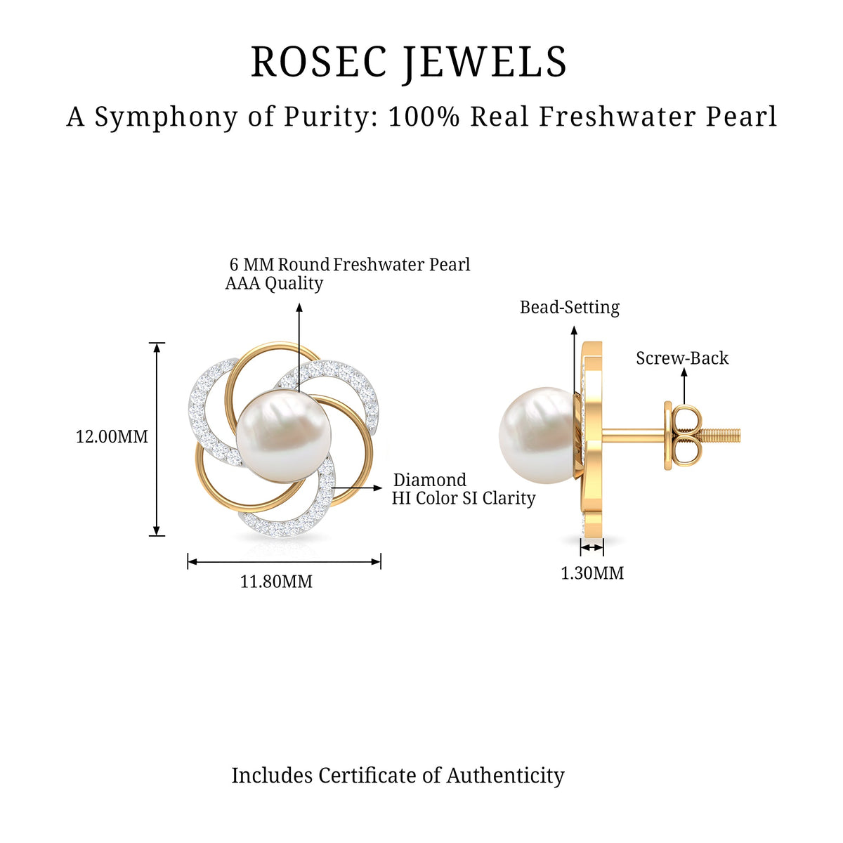 Round freshwater pearl and diamond stud earrings by Rosec Jewels featuring large, elegant pearl and sparkling diamond accents.