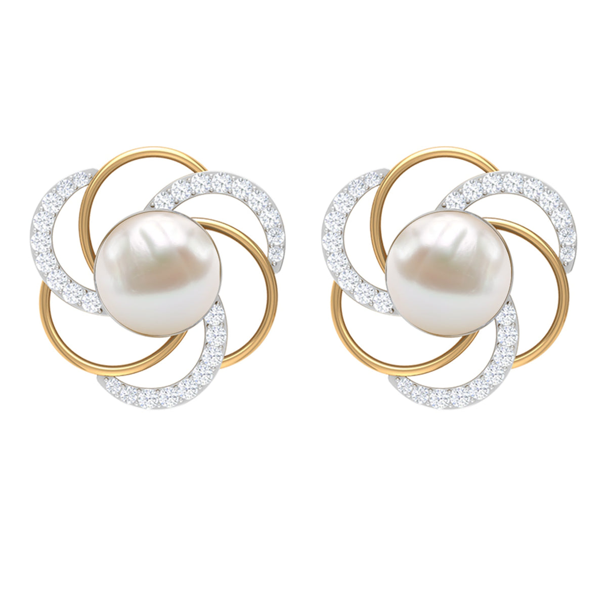 Round freshwater pearl stud earrings with diamond accents by Rosec Jewels, featuring elegant, classic jewelry design.