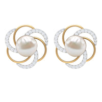 Round freshwater pearl stud earrings with diamond accents by Rosec Jewels, featuring elegant, classic jewelry design.