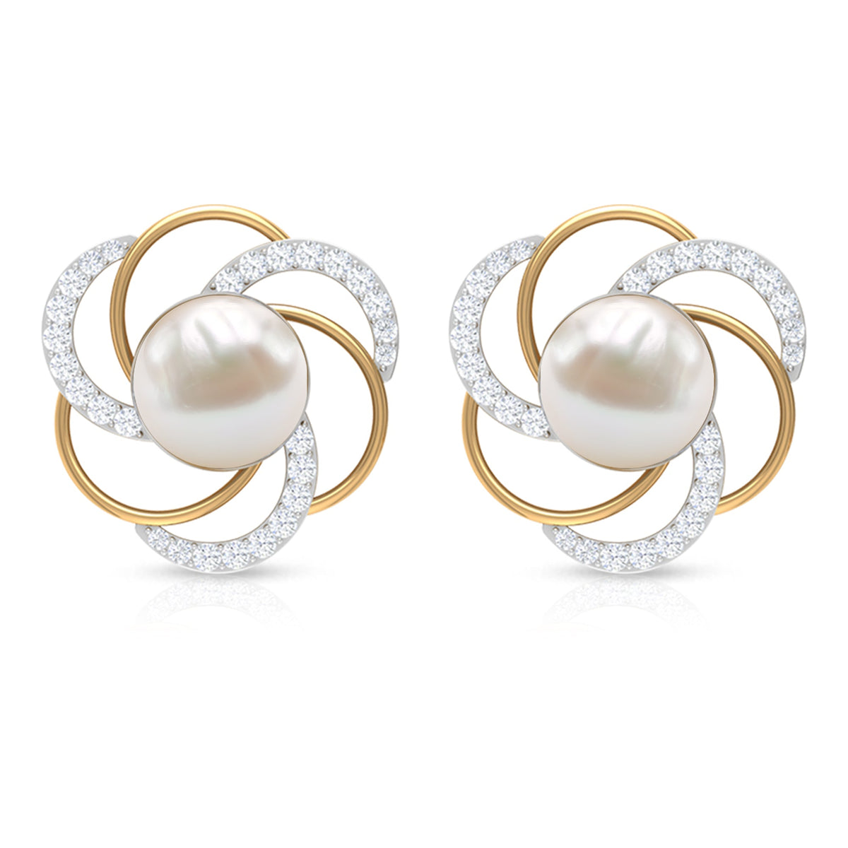 Round freshwater pearl stud earrings with diamond accents by Rosec Jewels, showcasing elegant jewelry design.