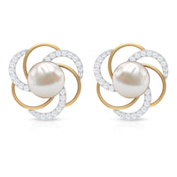 Round freshwater pearl stud earrings with diamond accents by Rosec Jewels, showcasing elegant jewelry design.