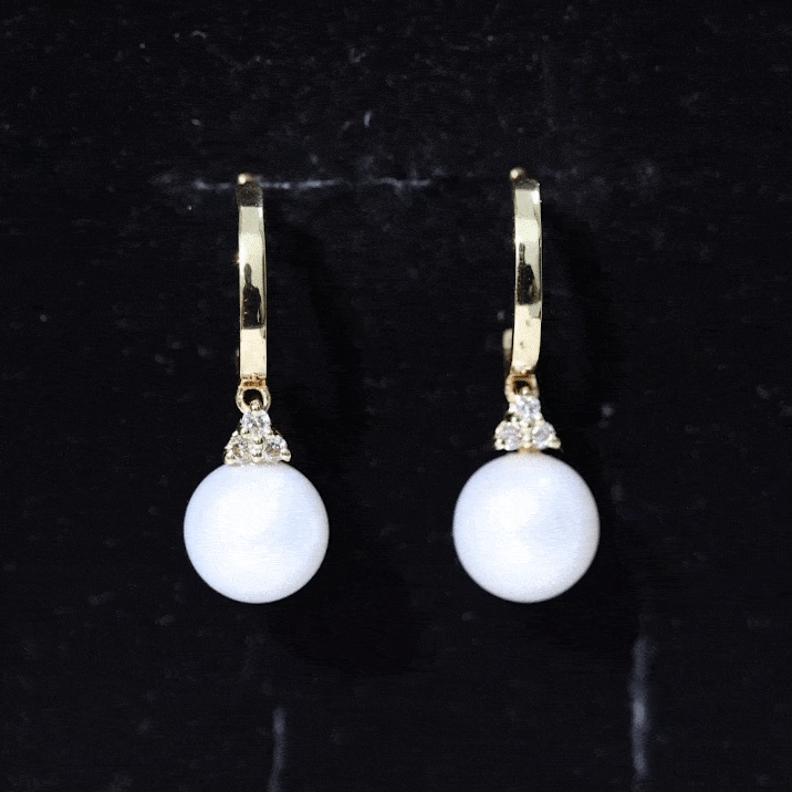 Round freshwater pearl and diamond hoop drop earrings by Rosec Jewels featuring elegant white pearls and sparkling diamonds.