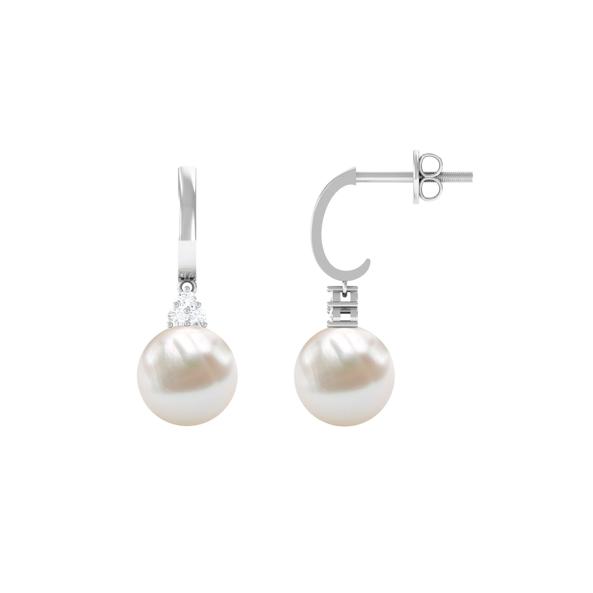 Round freshwater pearl and diamond hoop drop earrings by Rosec Jewels featuring elegant gold hoops with sparkling accents.