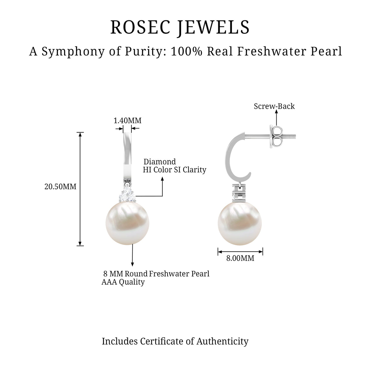 Round freshwater pearl and diamond hoop drop earrings by Rosec Jewels featuring elegant pearl and sparkling diamond accents.