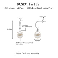 Round freshwater pearl and diamond hoop drop earrings by Rosec Jewels featuring elegant pearl and sparkling diamond accents.