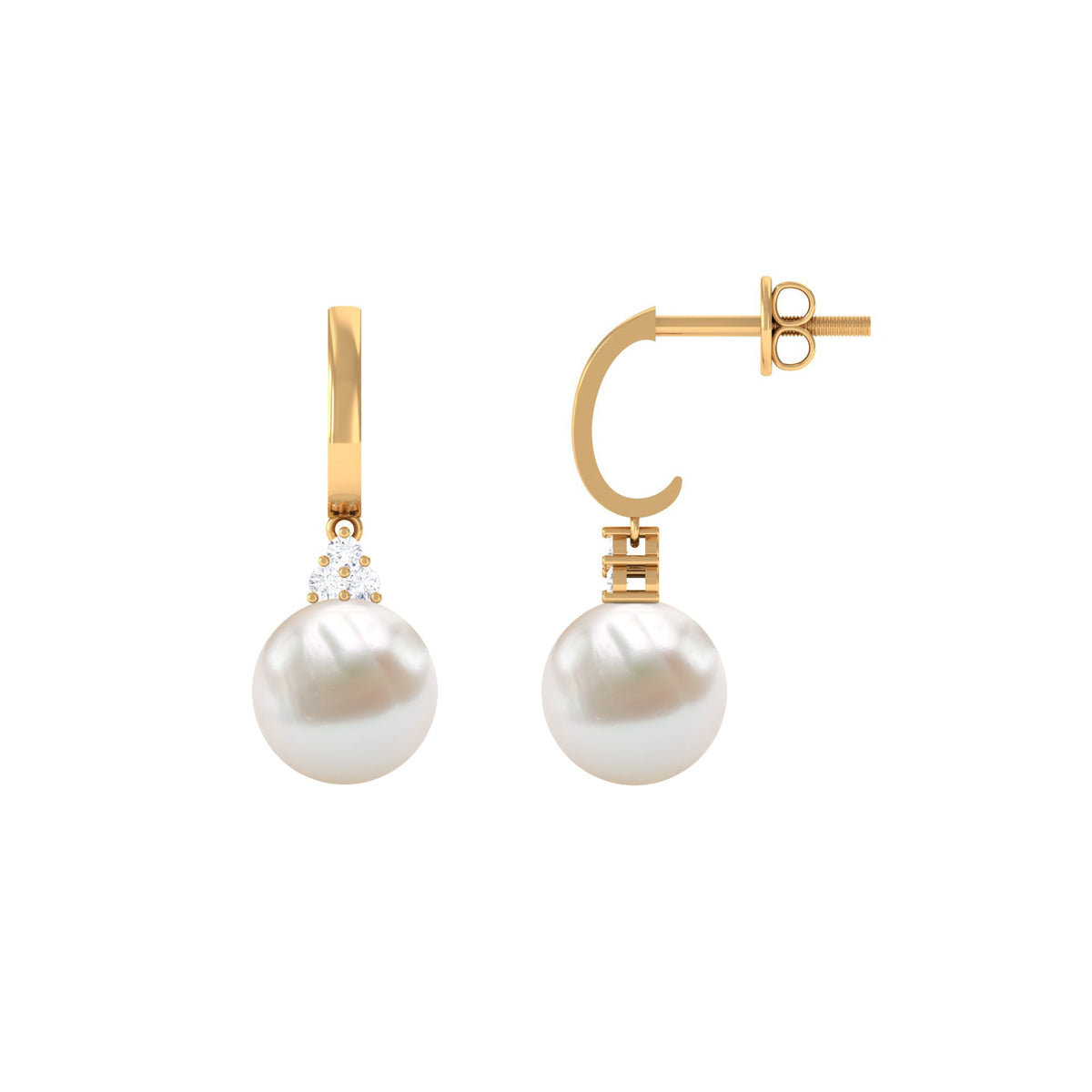 Round freshwater pearl and diamond hoop drop earrings by Rosec Jewels featuring elegant, shiny pearls and sparkling diamonds.