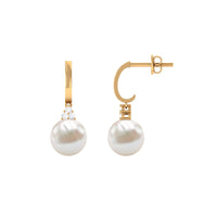 Round freshwater pearl and diamond hoop drop earrings by Rosec Jewels featuring elegant, shiny pearls and sparkling diamonds.