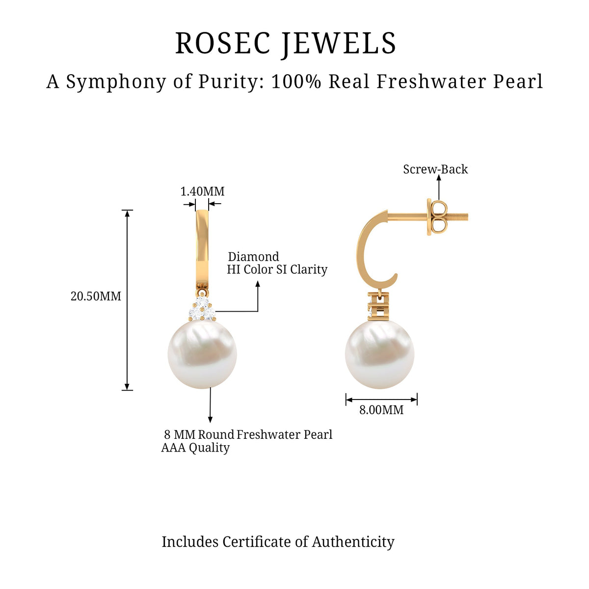 Round freshwater pearl and diamond hoop drop earrings by Rosec Jewels featuring elegant jewelry design and sparkling accents.