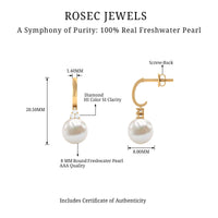Round freshwater pearl and diamond hoop drop earrings by Rosec Jewels featuring elegant jewelry design and sparkling accents.