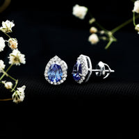 Lab Grown Blue Sapphire Teardrop Stud Earrings With Diamond Halo