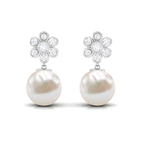 Cultured Freshwater Pearl Drop Earrings with Diamond Flower