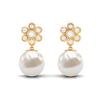 Cultured Freshwater Pearl Drop Earrings with Diamond Flower