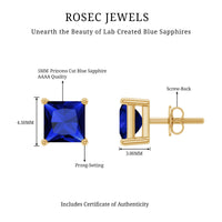 1.4 Carat Princess Cut Lab Created Blue Sapphire Solitaire Stud Earrings