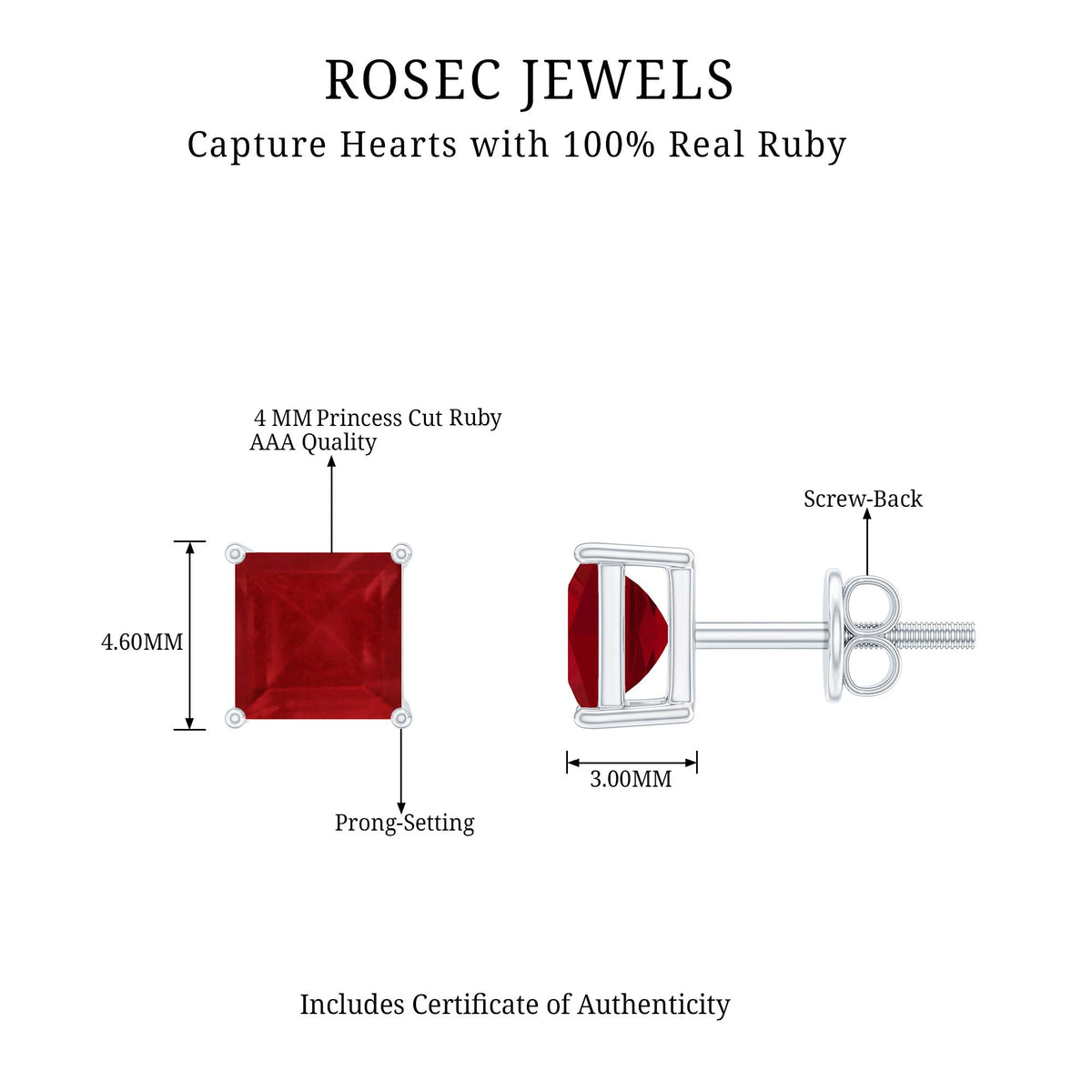 Rosec Jewels 0.9 carat princess cut ruby solitaire stud earrings with sparkling gemstone and classic design.
