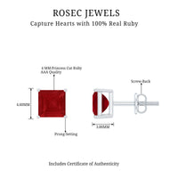 Rosec Jewels 0.9 carat princess cut ruby solitaire stud earrings with sparkling gemstone and classic design.