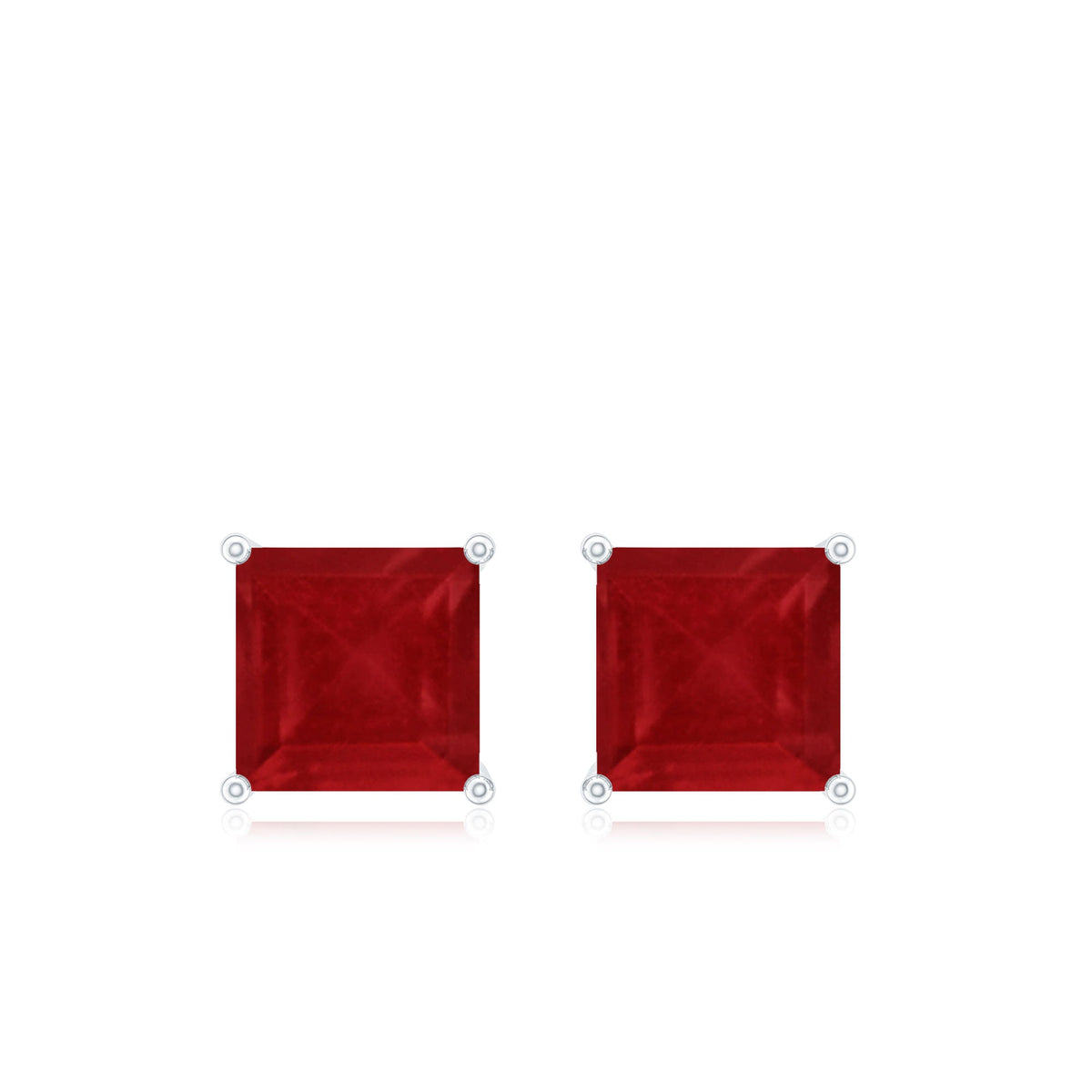 Rosec Jewels 0.9 Carat princess cut ruby solitaire stud earrings showcasing vibrant red rubies and elegant sterling silver settings.