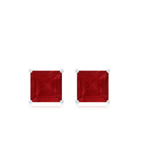 Rosec Jewels 0.9 Carat princess cut ruby solitaire stud earrings showcasing vibrant red rubies and elegant sterling silver settings.
