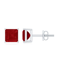 Rosec Jewels 0.9 carat princess cut ruby stud earrings featuring solitaire design with vibrant red rubies and secure gold settings.