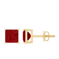 Rosec Jewels 0.9 Carat princess cut ruby solitaire stud earrings, showcasing sparkling red gemstones on classic earring settings.