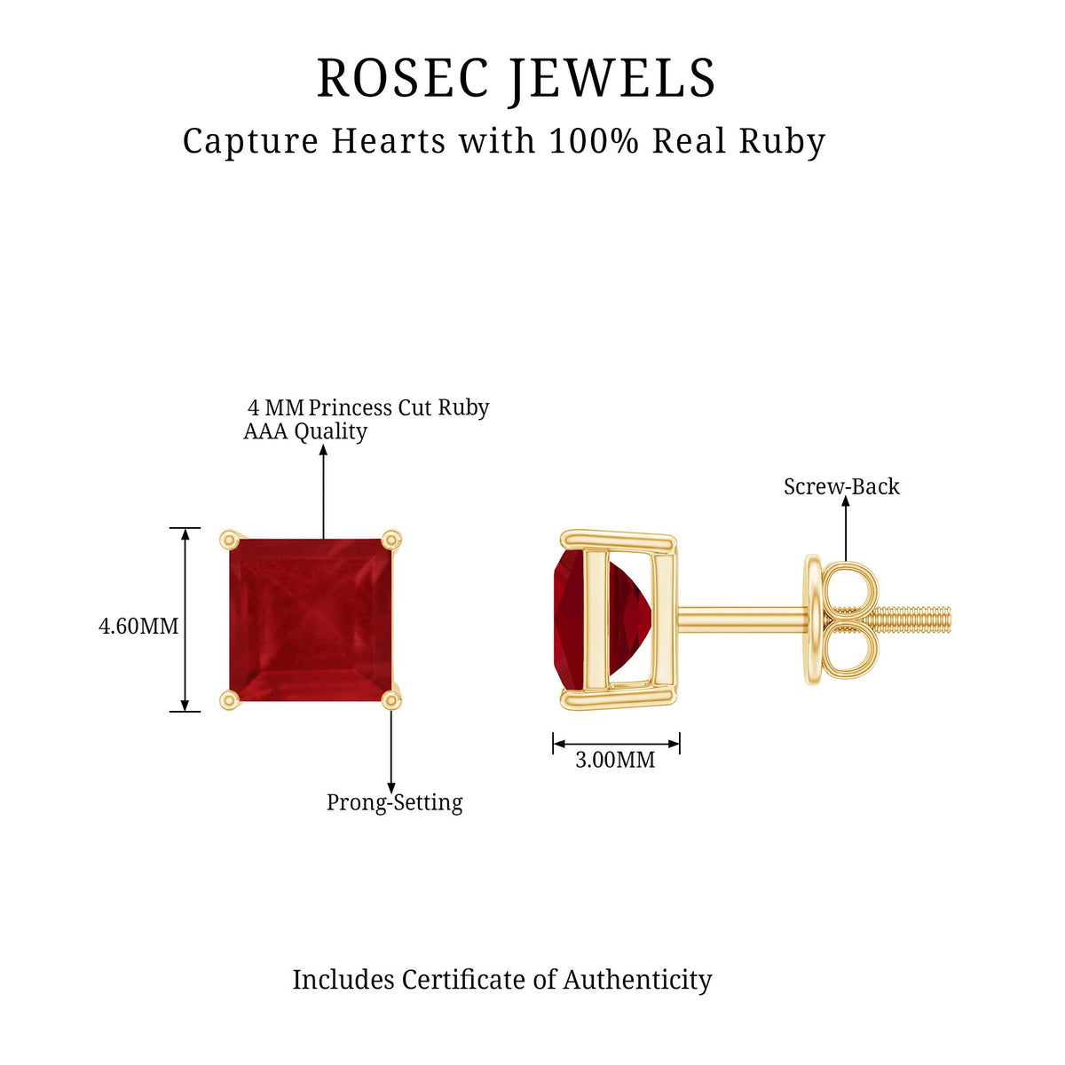Rosec Jewels 0.9 carat princess cut ruby solitaire stud earrings showing vibrant red rubies and classic earring design