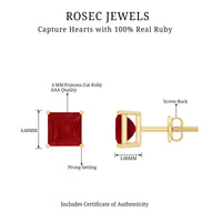 Rosec Jewels 0.9 carat princess cut ruby solitaire stud earrings showing vibrant red rubies and classic earring design